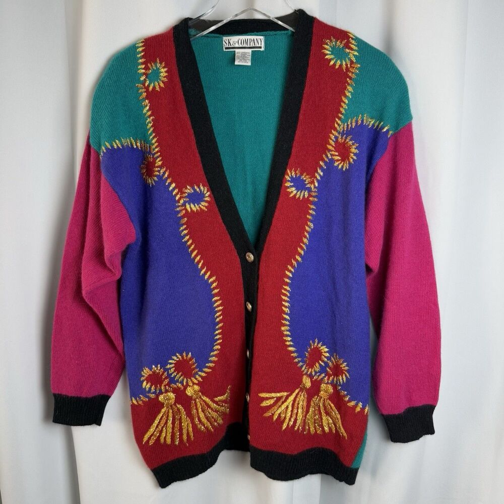 Vintage SK & COMPANY Lambswool Blend Abstract Cardigan Sweater Sz Large
